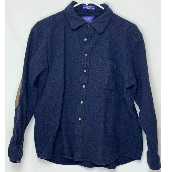 Pendleton Women’s L Blue 100% Virgin Wool Button Shirt Long Sleeve Elbow Patch - Picture 1 of 5